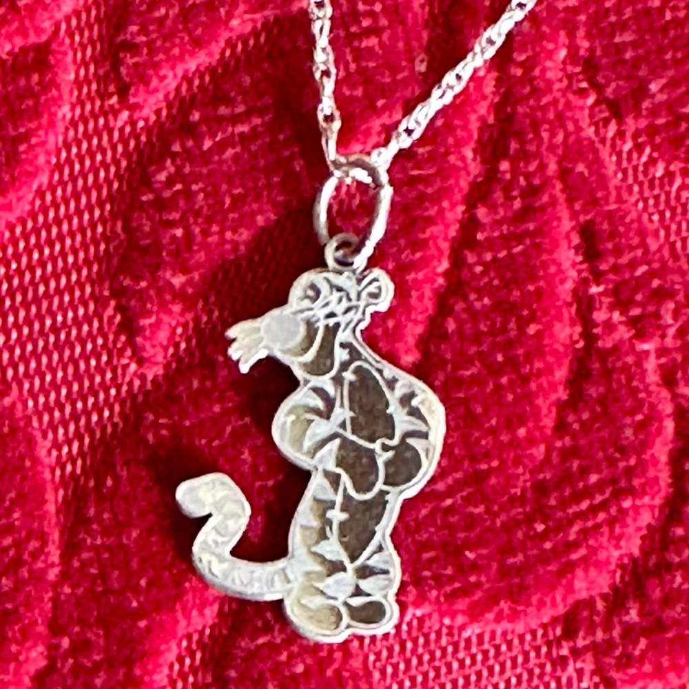Licensed Disney Sterling Silver Tiger Pendant. 18” Sterling Silver Chain.